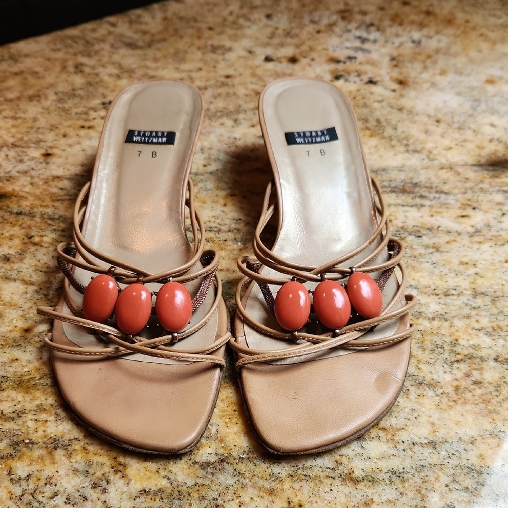 Stuart Weitzman Women's Tan Sandals with Coral Accents